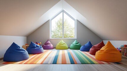 Wall Mural - Contemporary attic playroom with colorful bean bags and minimalist