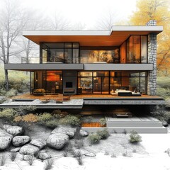 Wall Mural - Modern house with a stone facade and a large deck.