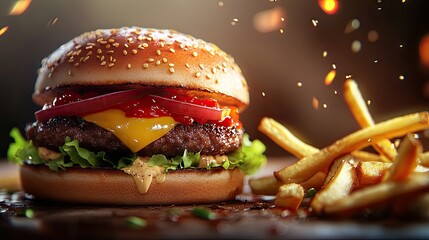 Canvas Print - Delicious burger with crispy fries, dripping with flavor, capturing the essence of fast food bliss