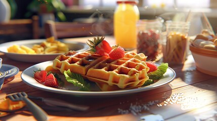 Wall Mural - A plate of waffles on a table with other plates of food 