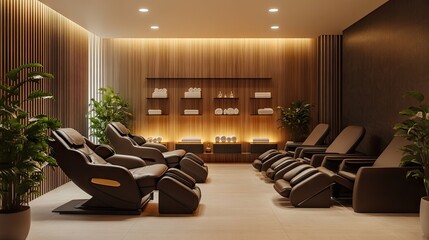 Poster - Contemporary wellness space in an office setting, complete with massage chairs, warm ambient lighting, and tranquil background music.