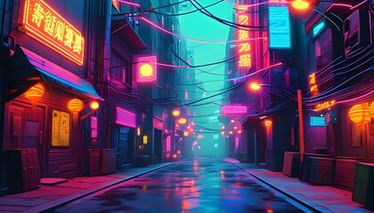 Canvas Print - Vibrant Cyberpunk Street Scene with Neon Lights and Cartoonish Elements