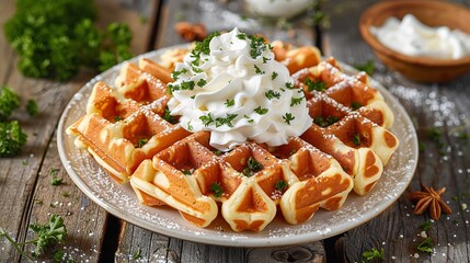 Wall Mural - A plate of waffles topped with whipped cream mint leaves