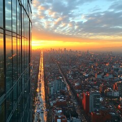 Sticker - A city skyline at sunset with a long road stretching towards the horizon.