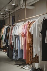 Wall Mural - A clothing store rack filled with clothes. There are shirts, pants, dresses, and skirts hanging on the rack.