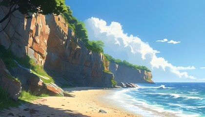 Cartoon portrayal of a vibrant summer day at a picturesque cliffside beach