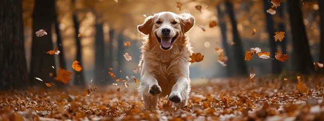  A happy Golden Retriever dog playing in an autumn park full of fallen leaves, showcasing the beauty and joy that fall brings to nature's landscapes