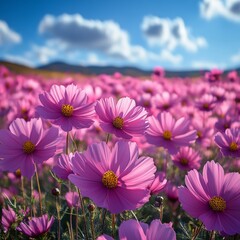 Poster - A field of pink cosmos flowers under a blue sky.