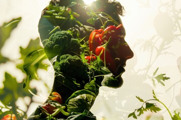 Wall Mural - for the banner of healthy eating men and vegetables double exposure