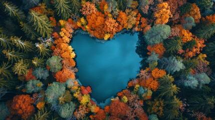 Poster - A blue lake surrounded by trees with leaves of different colors