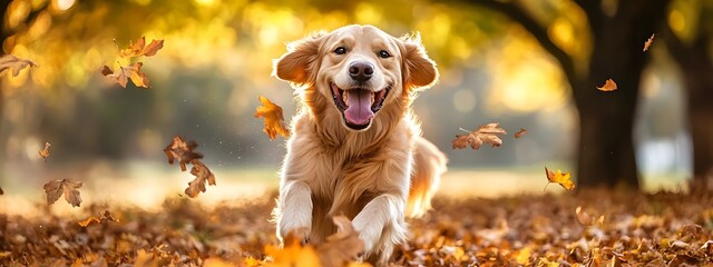  A happy Golden Retriever dog playing in an autumn park full of fallen leaves, showcasing the beauty and joy that fall brings to nature's landscapes