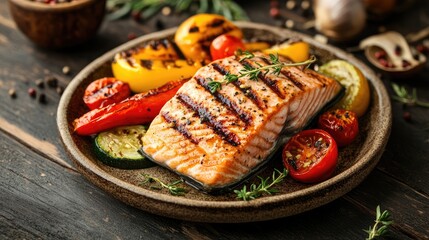 Grilled salmon fillet with assorted vegetables, arranged on a rustic plate, ideal for healthy dining and organic food ads