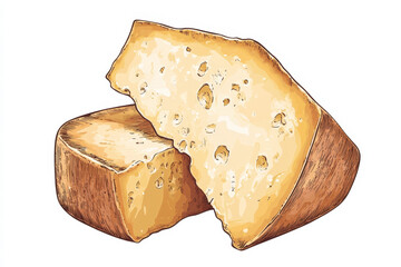 Hand-drawn illustration of two pieces of hard cheese with holes, showing their texture