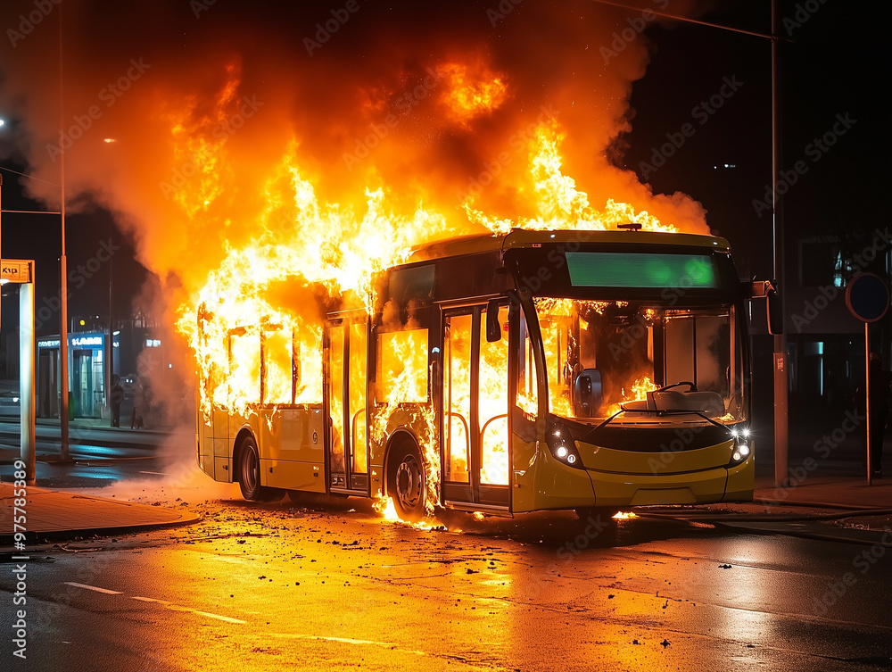 A yellow bus is dramatically engulfed in flames on a city street during ...