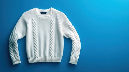 White Cable Knit Sweater on Blue Background