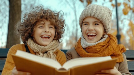 Poster - Two children are smiling while reading a book on the bench, AI