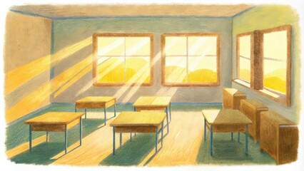 Wall Mural - Empty Classroom Bathed in Sunlight with Wooden Desks and Windows