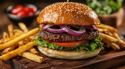 Canvas Print - Juicy beef burger served with crispy french fries and a fiery kick, highlighting indulgent fast food for comfort dining