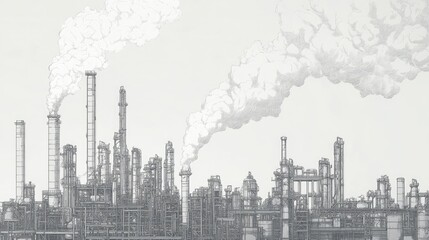 An industrial cityscape featuring an oil refinery, meticulously illustrated in line art with smoke rising into a clear, layered sky above.