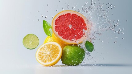 Citrus fruit explosion, with lime, lemon, and grapefruit halves splashing juice, 3D illustration