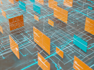 Futuristic digital background with floating geometric panels and glowing circuit lines in orange and blue