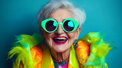 Happy senior woman in colorful neon outfit, funny sunglasses and extravagant style, laughing and smiling, trendy grandma posing in studio