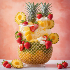 Colorful fruit dessert served in a pineapple bowl with strawberries and whipped cream copy space