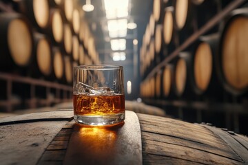 Glass of bourbon whiskey resting on an oak barrel in a distillery