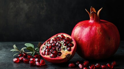 Wall Mural - Juicy ripe pomegranate against a dark backdrop, showcasing vibrant color and texture for food and health-related concepts.