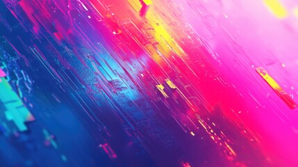 Poster - A vibrant abstract background with glitch effects, neon colors, and distorted pixels creating a futuristic digital vibe.