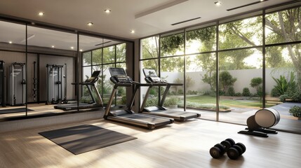 Poster - High-tech equipment and modern make this contemporary home gym a functional and stylish space for at-home workouts.