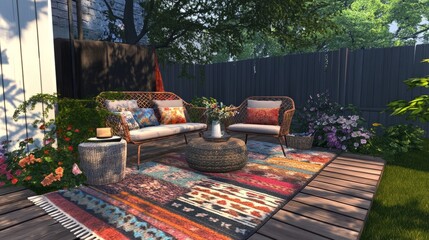 A cozy, small house deck with colorful outdoor rugs, cushioned chairs, and a side table, set in a quiet backyard.