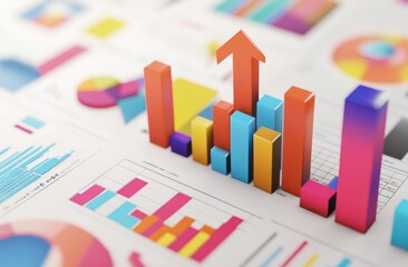 Poster - Colorful Bar Chart with Upward Arrow on White Paper