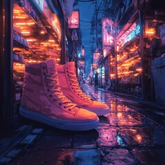 Wall Mural - A pair of pink high top sneakers sit on a wet sidewalk in a brightly lit, neon-lit city street.