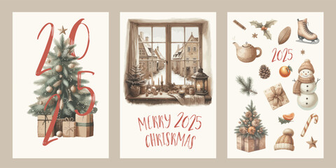 Wall Mural - Merry Christmas and happy new year watercolor posters. Cozy Christmas interior and winter countryside landscape.