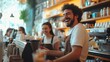 © CinimaticWorks - friends enjoying a coffee shop visit with laughter and conversation highlighting the social aspect and casual ambiance of their gathering