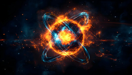 Poster - a stunning depiction of an atom surrounded by vibrant flames and cosmic colors, symbolizing energy a