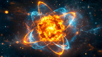 Poster - a stunning cosmic representation of an atom with fiery core and glowing electrons, set against a bac