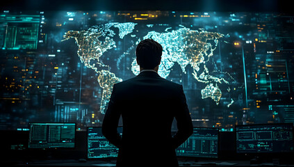 Poster - A professional analyzing global data on a high-tech display, showcasing advanced technology and modern digital world.