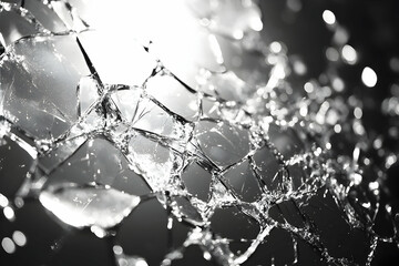 Poster - Detailed close-up of shattered glass reflecting light, showcasing intricate patterns and textures, ideal for artistic and design use.