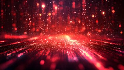 Poster - A vibrant red digital landscape with sparkling particles and lines, creating an energetic and dynamic abstract background.