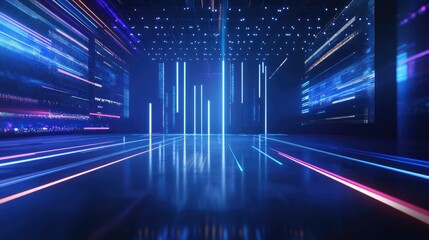 Poster - Abstract high-tech stage with glowing lines and holographic screens, designed for modern, immersive presentations.