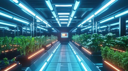Poster - high-tech urban farm with ai-managed crops, advanced lighting systems, and fully automated harvestin