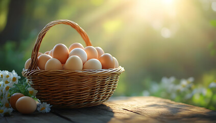 A rustic basket filled with fresh eggs illuminated by soft sunlight, surrounded by green foliage and delicate flowers.