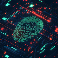 Poster - Futuristic fingerprint design with glowing lines and vibrant colors, symbolizing technology and digital security concepts.