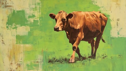 Wall Mural - The brown cow is captured mid-step on a vibrant green background, conveying its gentle and calm movement.