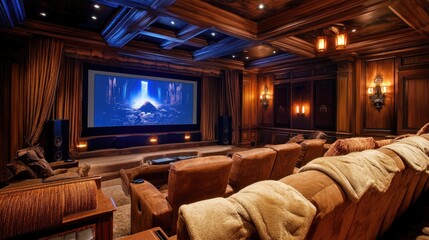 Wall Mural - Home theater with comfortable plush seats, a large high-definition screen, and adjustable dim lighting, creating a cozy and luxurious ambiance.