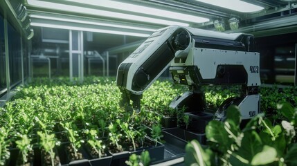 Poster - Innovative urban farm combining AI and robotics to manage crop growth and harvesting, highlighting the future of sustainable agriculture.