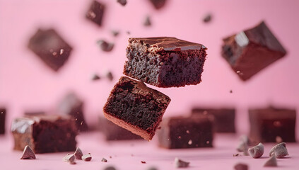 Delicious chocolate brownies floating above a pink background, capturing the essence of sweetness and indulgence in dessert.