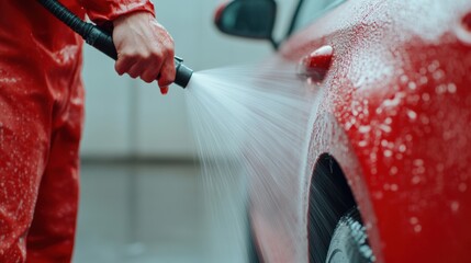 Canvas Print - A man in red suit spraying a car with water, AI